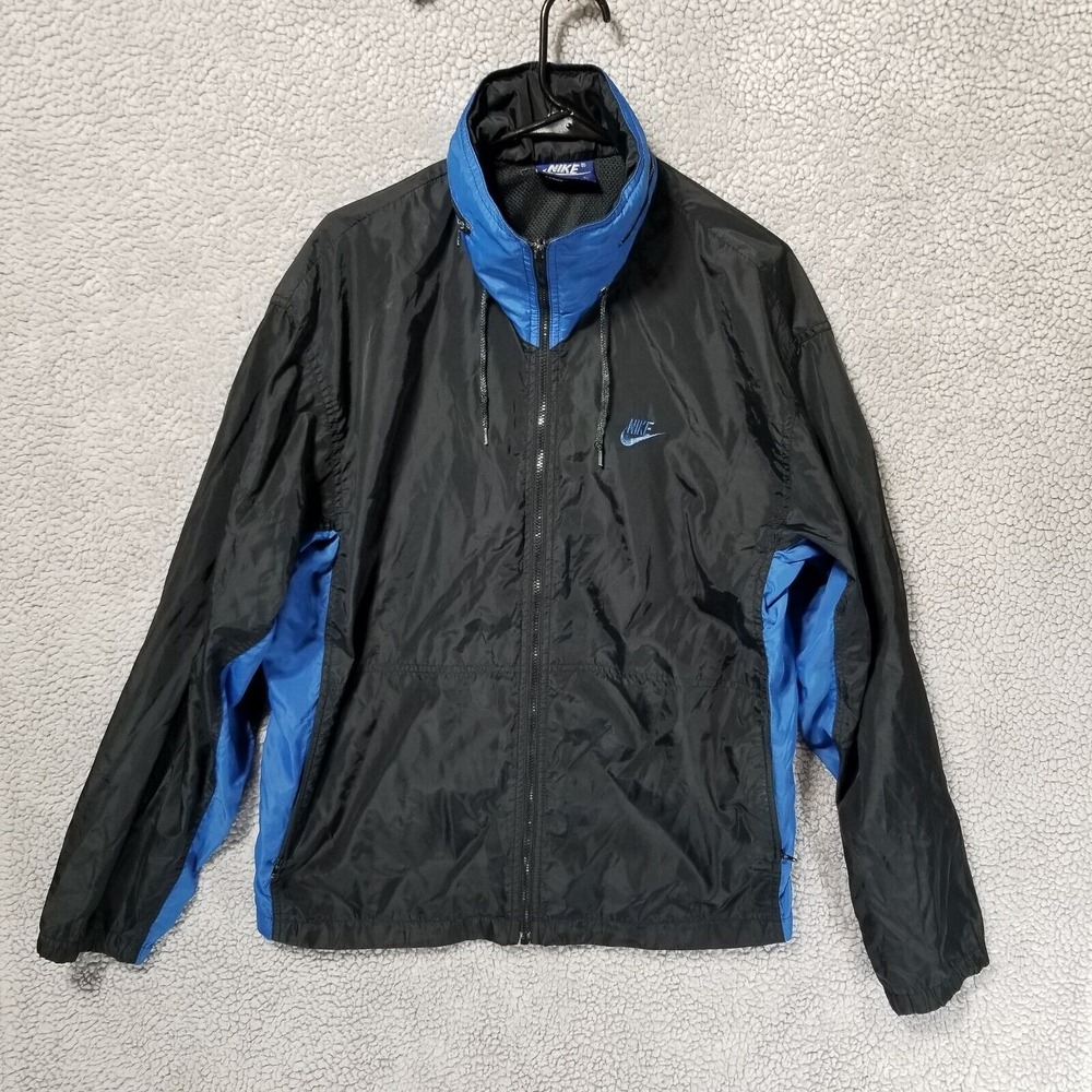 Vintage Nike Jacket Mens‎ Large Blue Black Windbreaker Full Zip With Hood 80s